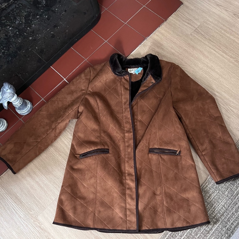 Orvis Quilted Coat Men’s Brown Faux Suede Sporting Traditions Faux Fur Lined XL